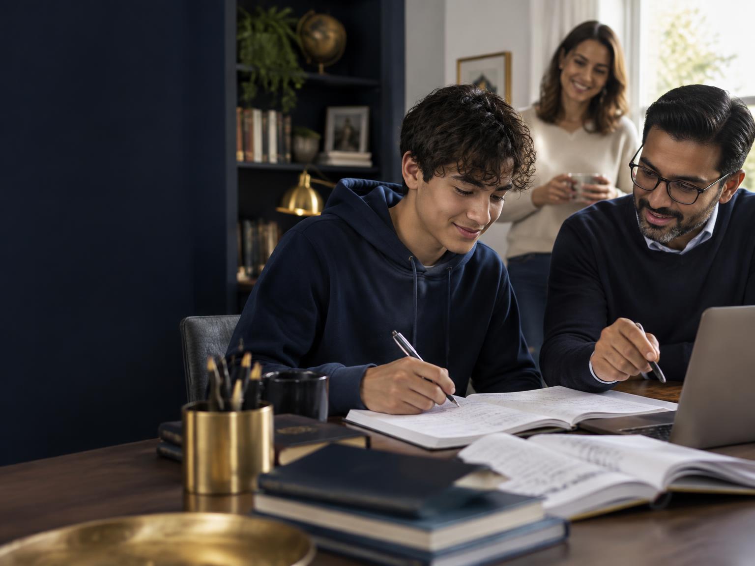 A student receiving personalised academic mentoring with a parent nearby